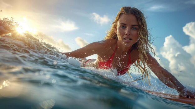 Wave riders esencia retrato de una mujer surfeando que representa la belleza y la determinación de una mujer inmersa en el emocionante mundo del surf abrazando la emoción del mar y su propia fuerza