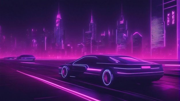 Wave sonoro neon punk cidade futurista com fundo de carro