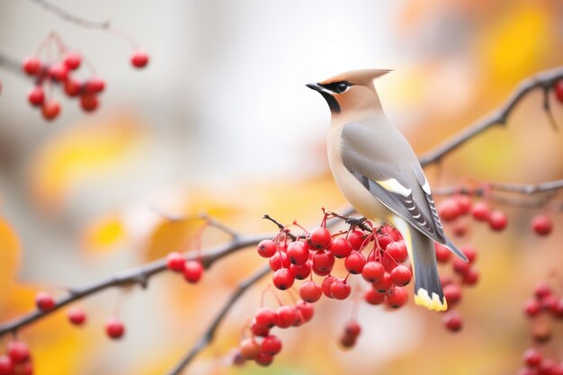 Waxwing sentado entre folhas de outono com bagas ao redor