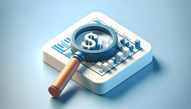 Wealth Watcher 3D Icon Lupa de seguimiento del crecimiento y la disminución de la riqueza en escena isométrica