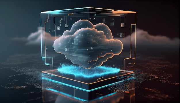 Web de tecnologia informacional de holograma digital futurista com ícone cloud3