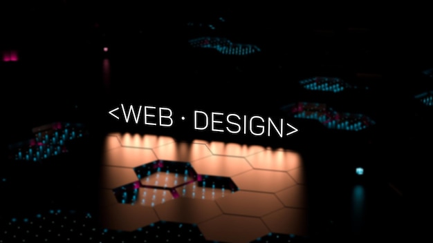 WEB DESIGN Text leuchtende Neon-Wortinschrift auf einem digitalen verschwommenen Hintergrund Webdesign 3D-Rendering
