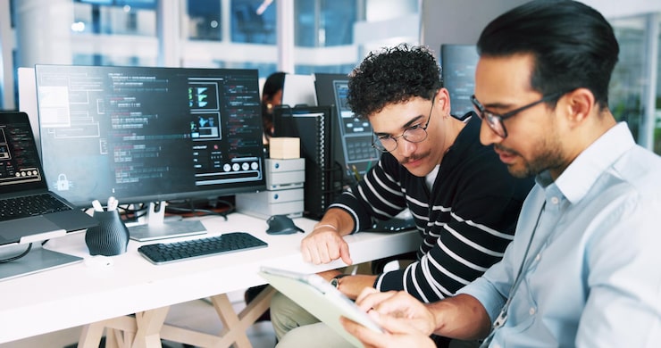 Foto web developer tablet and coding in office for software system or website update advice night programmer and backend engineer with feedback for company development teamwork or workplace project