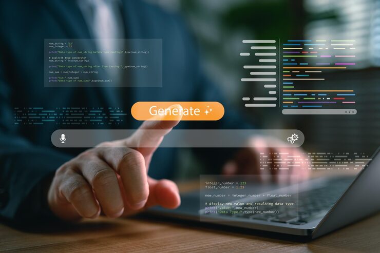 Foto web developer using ai for code generation and automation businessman working on laptop with futuristic programming interface script output and voiceactivated ai assistant for smart development