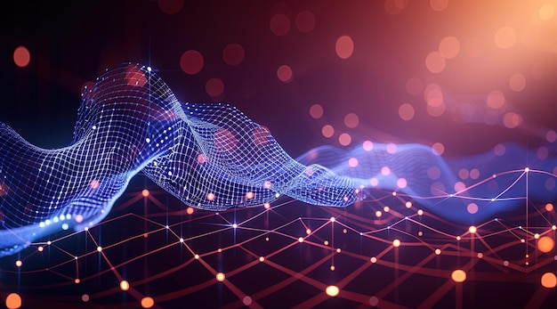 Web futurista abstracta con luz de neón brillante y patrón de línea de cuadrícula en fondo oscuro