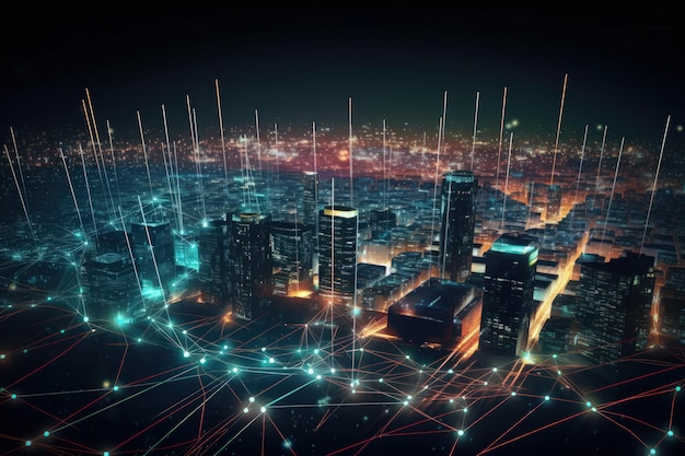 Web-Netzwerk beleuchtet digital Nacht Stadt Stadtbild web3 Blockchain-Technologie Internetverbindung generative ai