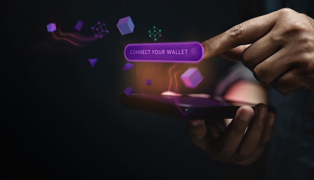 Web3-Technologiekonzept Hand mit Mobiltelefon zur Verbindung von Digital Wallet Smart Ewallet Financial and Economy auf Borderless World Futuristic Tone