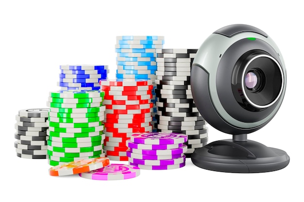 Webcam mit Casino-Token 3D-Rendering