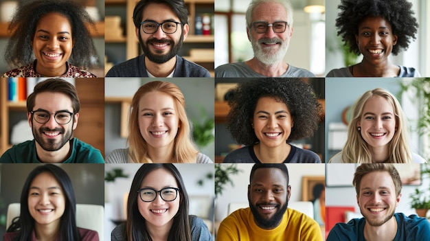 Foto webconferência de mosaico de pessoas multiculturais e multiétnicas felizes