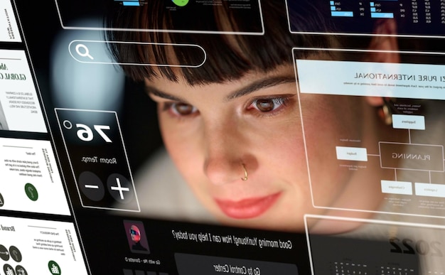 Webdesign-Suche und Frau mit einer Schnittstelle zur Planung der Softwareentwicklung und des Benutzersystems Website, die aussieht und das Gesicht eines Programmierers liest, der Informationen auf einem Bildschirm für Informationstechnologie liest