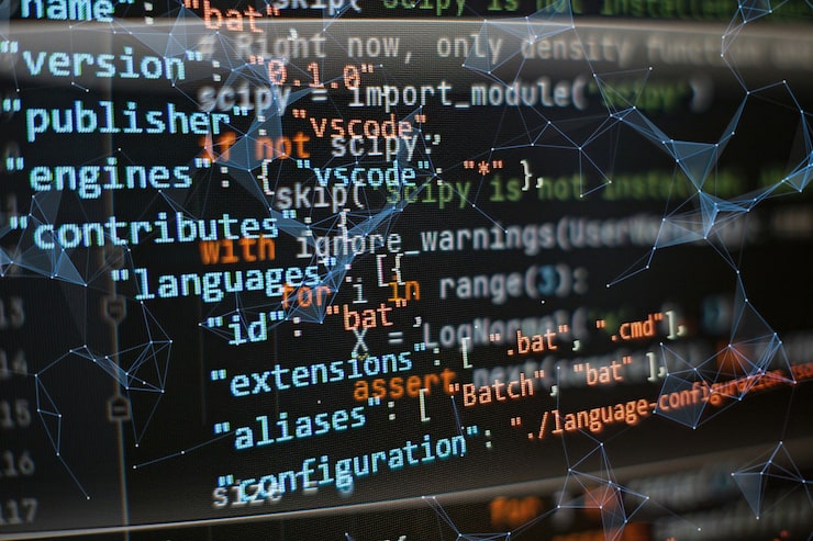 Foto webseitenentwicklung. entwickler, der im büro an programmcodes arbeitet. computer programm. programmierer arbeitsplatz. programmiercode. quellcode der software.