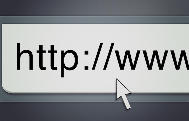 Website-Cursor und URL der Suchleiste auf dem Computerbildschirm für Informationen weltweit Surfen und Server Homepage HTML oder Webseitenadresse für das Surfen Forschung herunterladen und Online-Portal im Internet