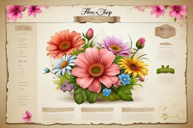 Website-Vorlage für Blumenladen und Webshop Die abgenutzten geriebenen Effekte sind auf verschiedenen Schichten