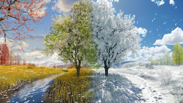 Foto wechsel der jahreszeiten vom winter zum frühling und sommer