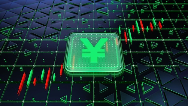 Wechselkurs Yen oder Yuan Index Anleger an der Börse Forex auf dem Candlestick-Chart-Handelshintergrund Globales Finanzkonzept 3D-Darstellung