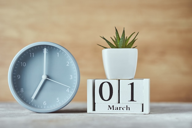Wecker mit Holzblockkalender Datum 1. März und Pflanze auf Tisch