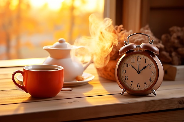 Foto wecker und eine tasse kaffee auf dem tisch guten morgen-konzept und kaffeezeit