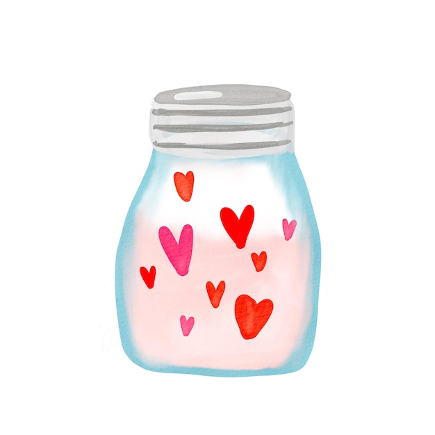 Weckglas mit Herzen. Valentinstag Aquarell. Handgezeichnete Aquarellillustration isoliert