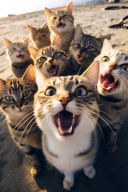 Foto wefie un grupo de gatos con sonrisa y cara feliz en la playa llena de gente, linda, esponjosa, hiperrealista.