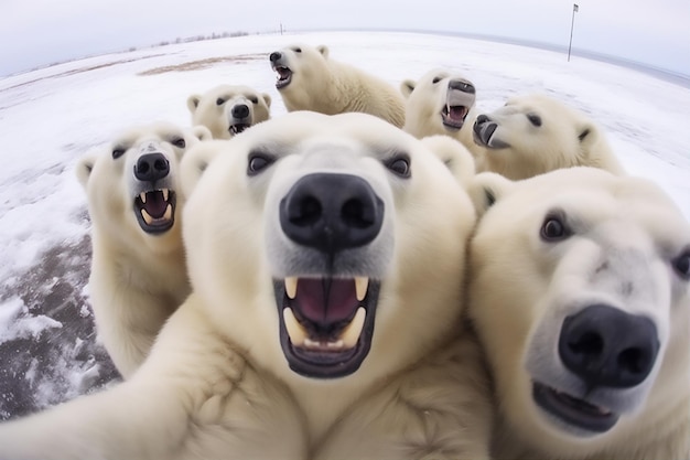 Wefie un grupo de osos polares salvajes con sonrisa y rostro feliz hiper realista hermosa luz soñada