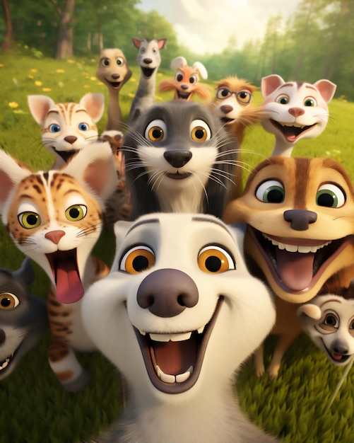 wefie vários animais com sorriso e cara feliz