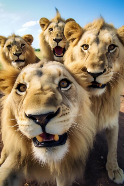 Wefie varios animales con sonrisa y rostro feliz de pie en el gran globo león tigre ciervo mono c