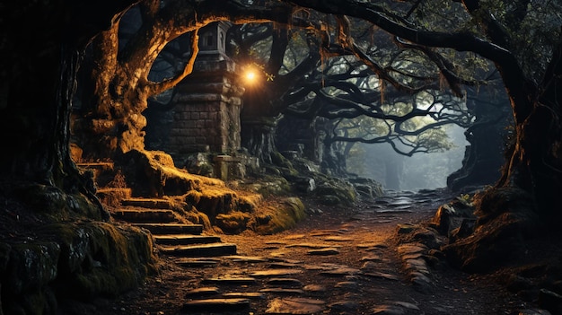 Weg durch einen mysteriösen dunklen alten Wald im Nebel Herbstmorgen magische Atmosphäre Märchen