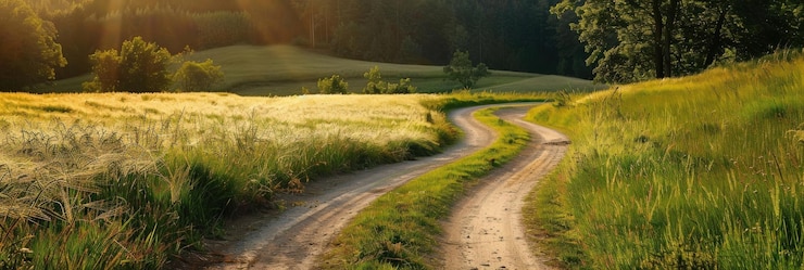 Foto weg gekrümmter landstraße durch wiese mit sommersonne