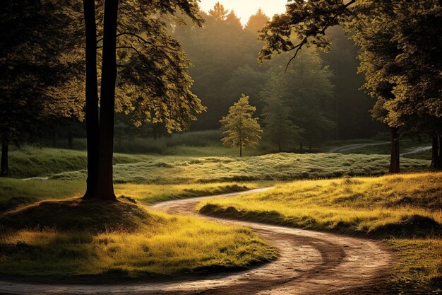 Weg im Wald bei Sonnenuntergang Konzept der Reise und der Natur