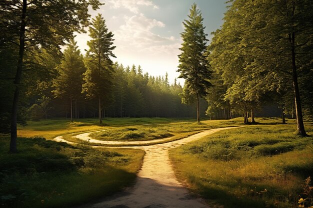 Weg im Wald bei Sonnenuntergang Konzept der Reise und der Natur