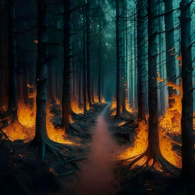 Weg im Wald in Feuer ai erzeugt
