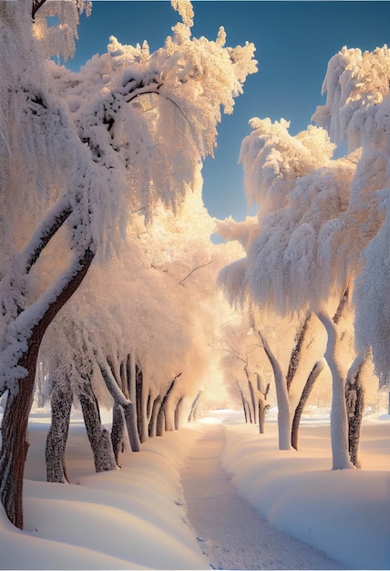 Weg umgeben von schneebedeckten Bäumen an einem sonnigen Tag generative KI