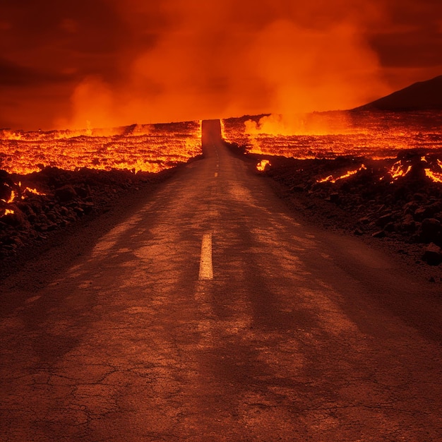 Weg zur Hölle schwarze Straße Feuer um Risse purpurroter Himmel ominös beängstigender Landschaft Albtraum