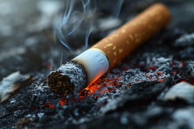 Weggeworfene Zigarette auf aschigem Boden Rauchen