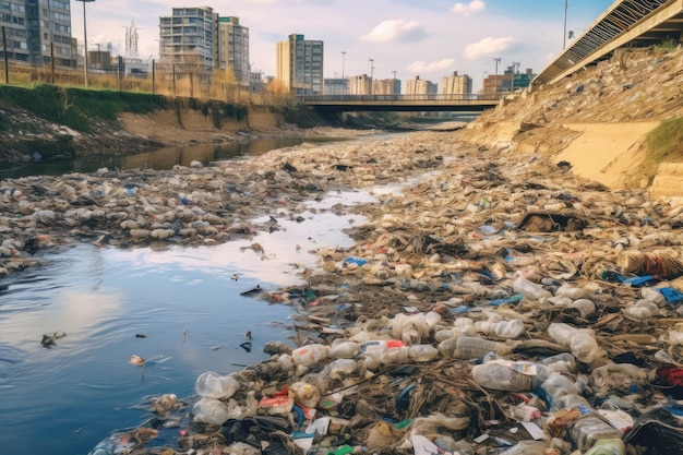 Weggeworfener Plastikmüll verunreinigt einen Fluss in einem Stadtpark