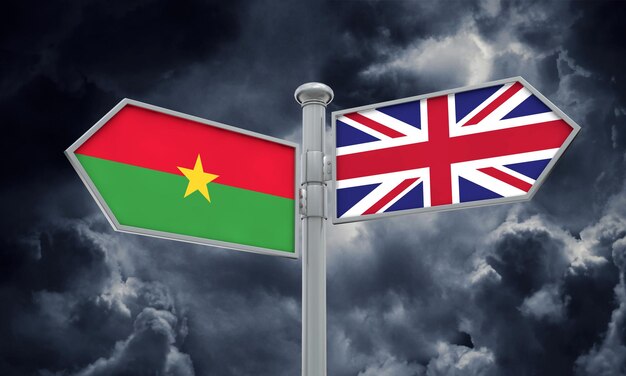 Wegweiser aus Burkina Faso und Großbritannien Bewegen sich in verschiedene Richtungen 3D-Rendering