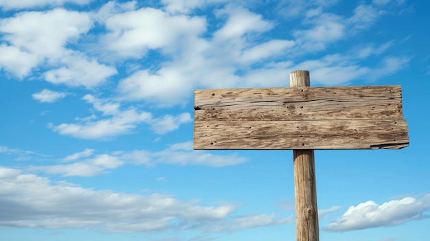 Wegweiser aus Holz auf einem Hintergrund aus blauem Himmel mit Wolken