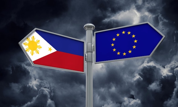 Wegweiser der Philippinen und der Europäischen Union Bewegen Sie sich in verschiedene Richtungen 3D-Rendering