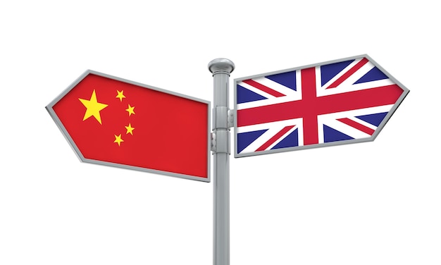 Wegweiser für China und Großbritannien Bewegen sich in verschiedene Richtungen 3D-Rendering