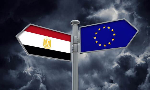 Wegweiser für Ägypten und die Europäische Union Bewegen Sie sich in verschiedene Richtungen 3D-Rendering