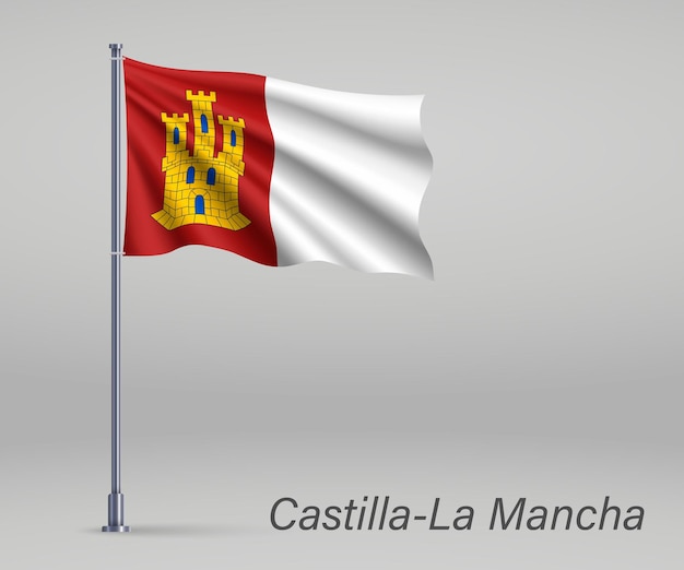 Wehende Flagge der Region CastillaLa Mancha in Spanien auf Fahnenmast Vorlage für das Plakatdesign zum Unabhängigkeitstag