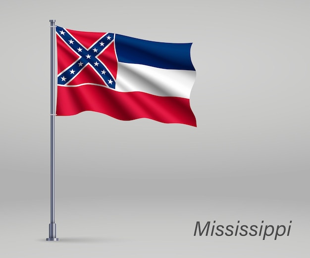 Wehende Flagge des Staates Mississippi der Vereinigten Staaten am Fahnenmast Vorlage für das Plakatdesign zum Unabhängigkeitstag