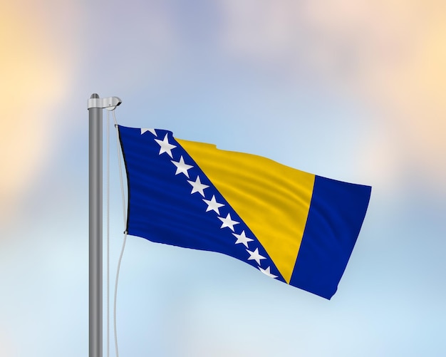 Wehende Flagge von Bosnien und Herzegowina auf einem Fahnenmast