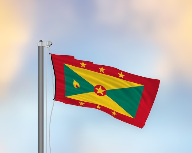 Wehende Flagge von Grenada auf einem Fahnenmast