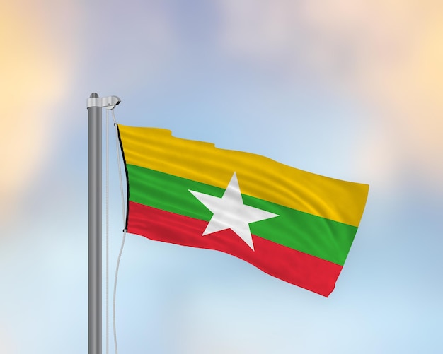 Wehende Flagge von Myanmar auf einem Fahnenmast