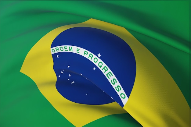 Wehende Flaggen der Welt - Flagge Brasiliens. Detailansicht, 3D-Darstellung.