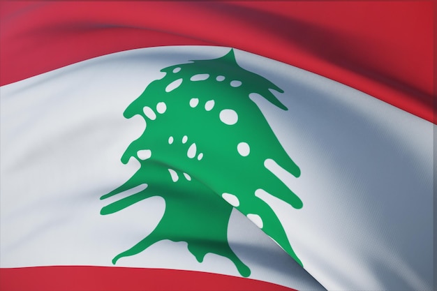 Wehende Flaggen der Welt - Flagge des Libanon. Detailansicht, 3D-Darstellung.