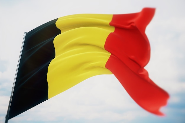 Wehende Flaggen der Welt - Flagge von Belgien. Aufnahme mit geringer Schärfentiefe, selektiver Fokus. 3D-Darstellung.