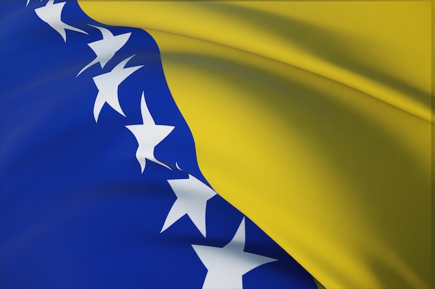 Wehende Flaggen der Welt - Flagge von Bosnien und Herzegowina. Detailansicht, 3D-Darstellung.