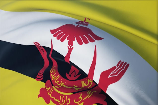 Wehende Flaggen der Welt - Flagge von Brunei. Detailansicht, 3D-Darstellung.